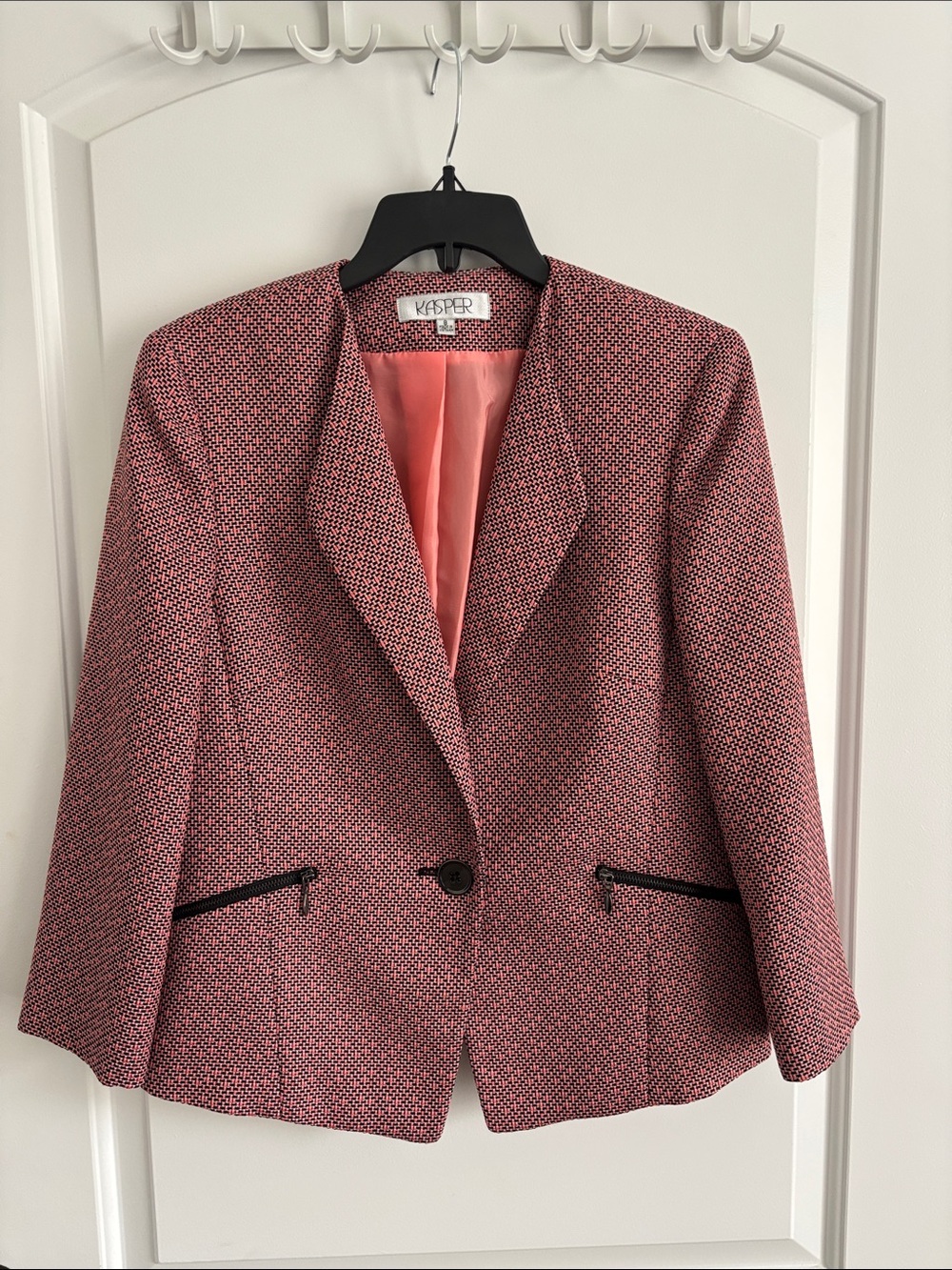 Kasper Women’s Tweed Blazer Size 8 Pink Black One-Button Career Jacket